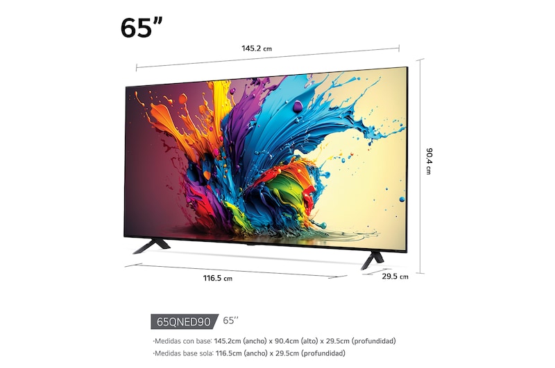 Front view of LG QNED TV, QNED90 with text of LG QNED MiniLED, 2024, and webOS Re:New Program logo on screen